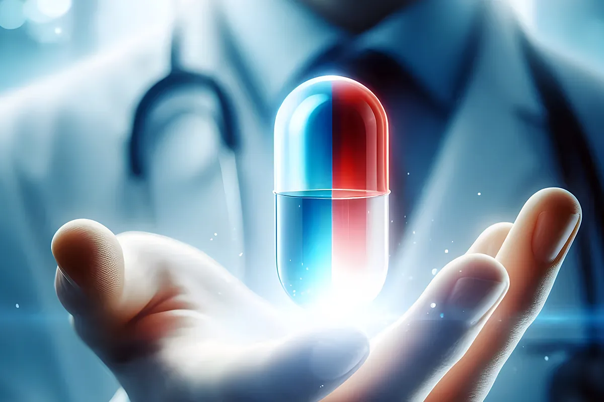 Bewährte Produkte und Darreichnungsformen Eine schemenhafte große Pille mit einer Aura unter sich über der Hand einer männlichen Person mit Stetoskop um den Hals